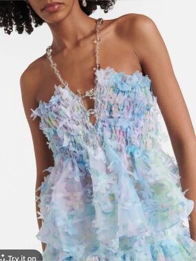 Susan Fang Light Blue/Lavender Floral-Applique Tulle Tank with Beaded Straps NWT